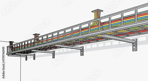 A wall-mounted metal cable tray system supporting organized, colorful electrical and data wires on a white background.