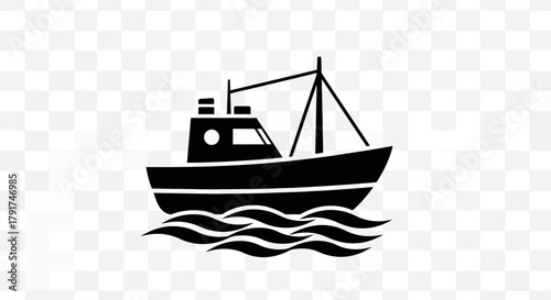 Black silhouette of a fishing boat sailing on the water with waves and a clear background.