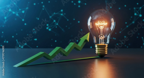 Green arrow light bulb glowing filament upward trend innovation growth technology progress futuristic success. image conveys sense of optimism and creative achievement