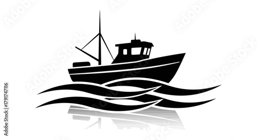 A black silhouette of a fishing boat sailing on stylized waves.
