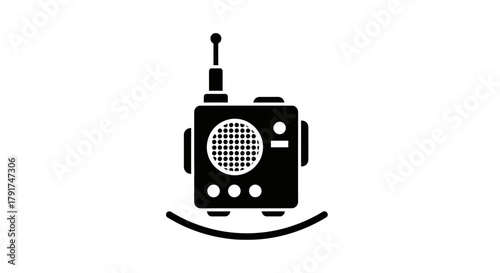 Black and white illustration of a retro radio with an antenna and buttons.