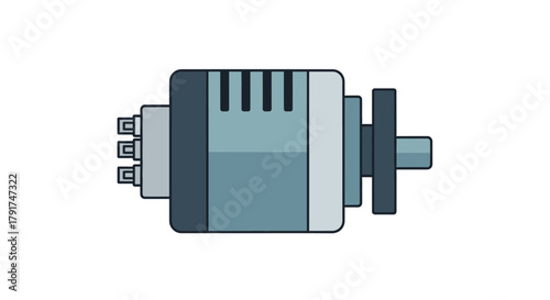 A detailed vector illustration of a small electric motor with a shaft and electrical connectors.