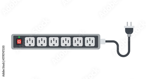 A six-outlet power strip with an on/off switch and a power cord connected to a plug.