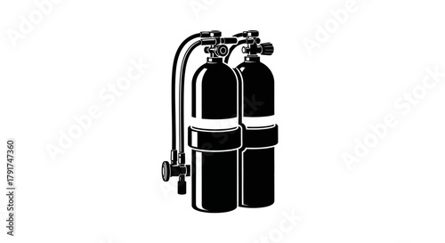 Illustration of twin scuba diving tanks with connecting manifold.