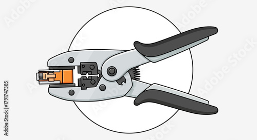 An illustration of a network cable crimping tool being used on an RJ45 connector.