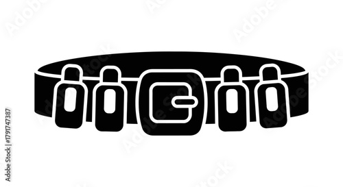 A black and white illustration of a utility belt with a large buckle and several pouches.