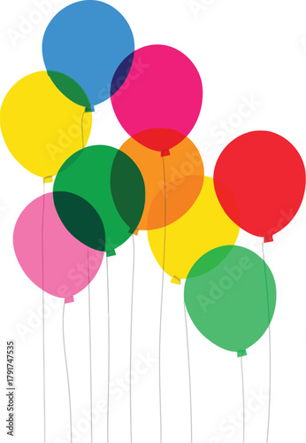 A vibrant cluster of colorful, overlapping, translucent balloons on strings against a plain white background.