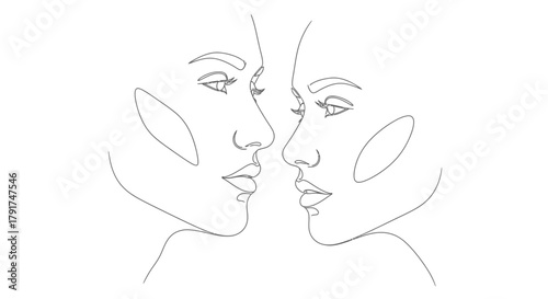 Minimalist line art illustration of two faces in profile, facing each other with delicate features and a sense of intimacy.