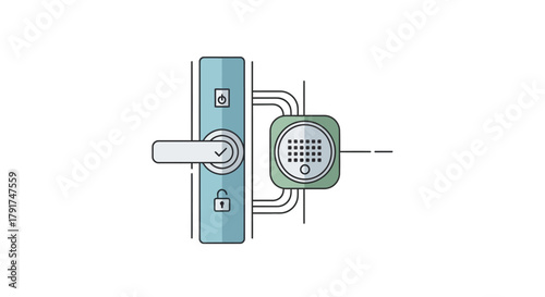 Illustration of a modern smart door lock system with a handle and a separate keypad for secure access.