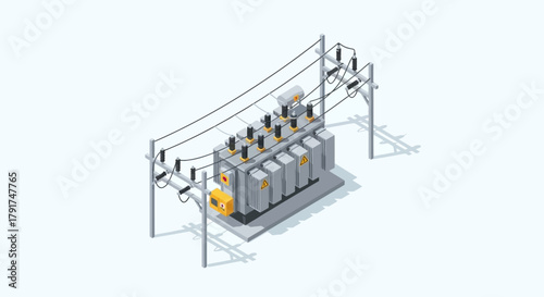 Isometric illustration of a power transformer station with electrical equipment and power lines.