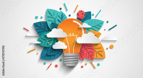 Creative light bulb with colorful leaves, clouds, and abstract shapes symbolizes innovation, eco friendly ideas, and inspiration in modern, vibrant, and artistic style