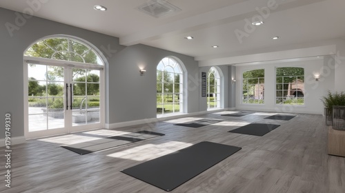 Yoga studio space in serene environment modern design natural light tranquil setting open view