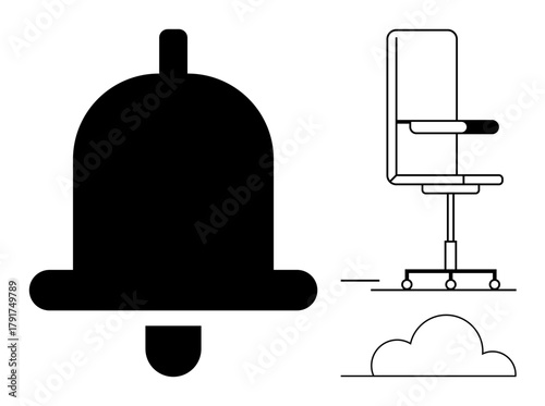 Black bell icon, outlined office chair with wheels, and a simple cloud shape. Ideal for notification, productivity, office culture, workplace focus, minimal design, digital tools simple flat