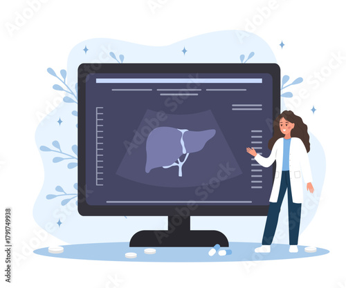 Hepatology concept. Preventive liver ultrasound screening. Early detection of fatty liver disease, cirrhosis or hepatocellular carcinoma. Vector illustration in flat cartoon style.