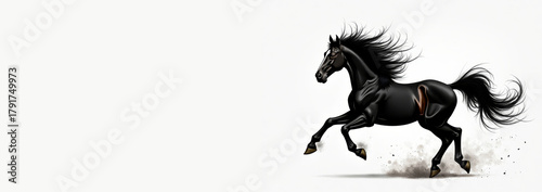 Elegant black stallion running fast against white backdrop. Artistic depiction inspired by traditional ink painting, representing power, freedom, and Chinese New Year symbolism. Black horse banner