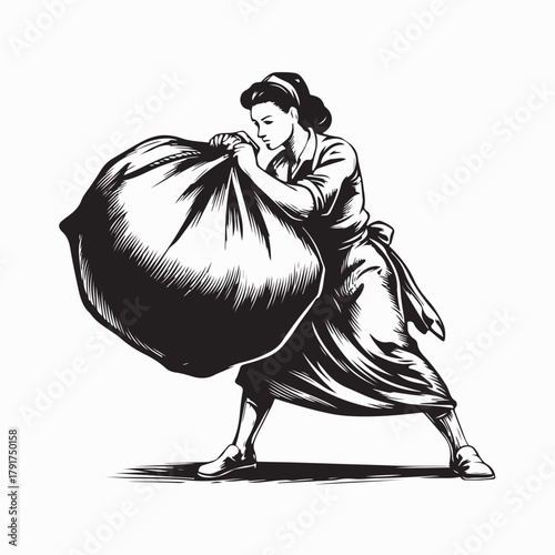 Maid Holding Big Garbage Bag Vector Design isolated on white background