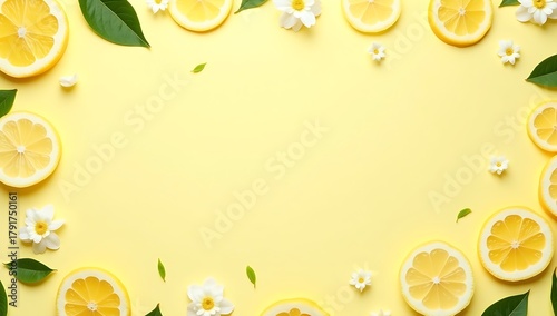 A bright background featuring sliced lemons, green leaves, and white blossoms arranged in a modern flat-lay pattern over a soft yellow surface, radiating freshness and summer vibes.