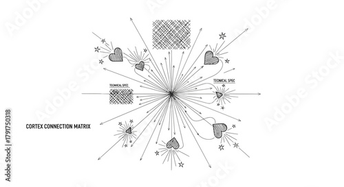 An intricate hand-drawn diagram illustrating a complex cortex connection matrix, depicting neural pathways and interconnected thoughts within the brain.