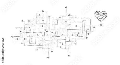 An intricate network of interconnected lines and arrows illustrates the complex journey of problem-solving or finding love, symbolizing strategic thought and emotional pathways.