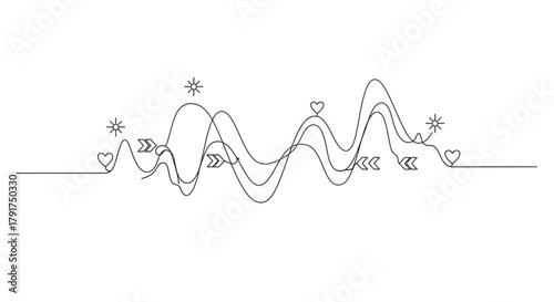 A minimalist continuous line art illustration depicts abstract wavy patterns adorned with subtle hearts, stars, and arrows, symbolizing emotion and connection.