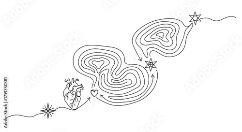A detailed abstract line drawing visualizes the complex emotional and spiritual journey of personal growth, guided by symbols of love and destiny.
