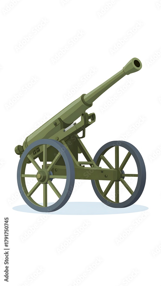Fototapeta premium A green cartoon cannon on wheels, facing right, against a white background with a subtle blue shadow