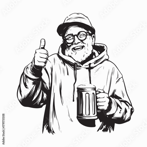 Senior Male Enjoying Beer Vector Logo Illustration on white background