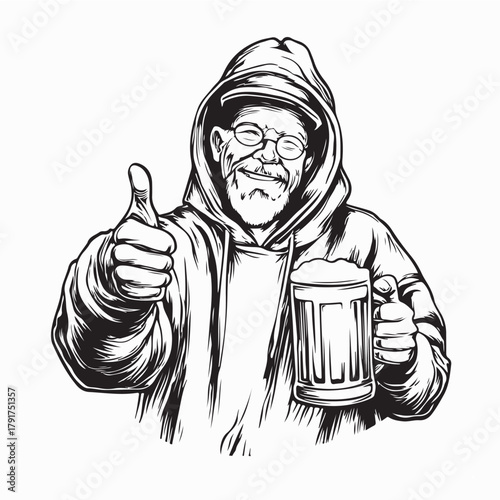 Smiling Senior Man in Hoodie and Hat Holding Beer Vector on white background