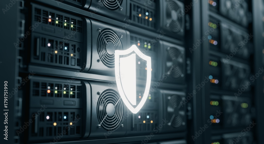 Fototapeta premium Server rack with glowing shield icon representing cybersecurity and data protection