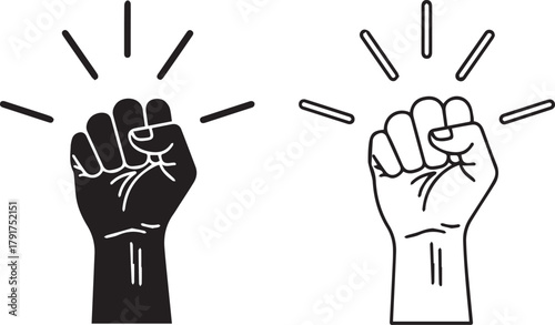 Clenched fist raised up vector icon black and outline symbol of power strength protest and solidarity.