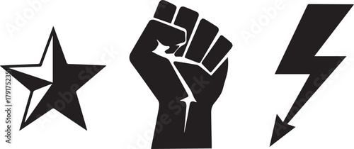 Black vector icons set: clenched fist, star symbol, and lightning bolt for power and protest design