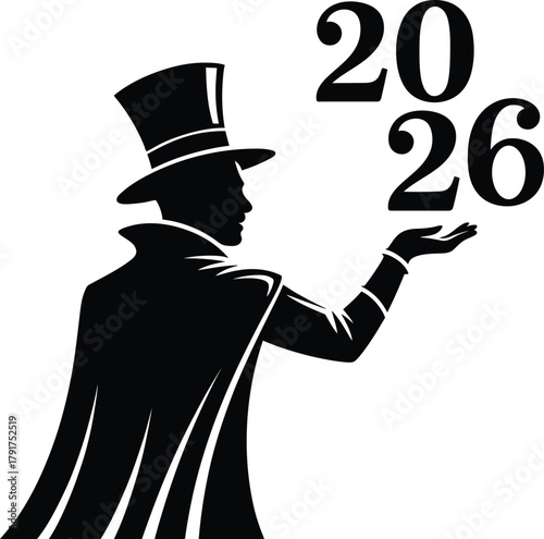 Magician silhouette presenting year 2026 for future predictions