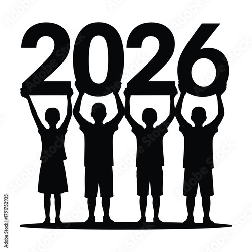Children silhouettes holding up large numbers forming the year 2026