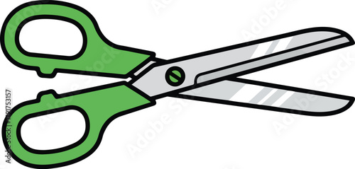 Cartoon style green handle open scissors tool vector illustration icon isolated on white background