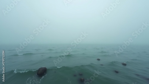 A murky, lifeless expanse of ocean water symbolizing an expanding ocean dead zone devoid of oxygen and marine life due to pollution and warming seas.
