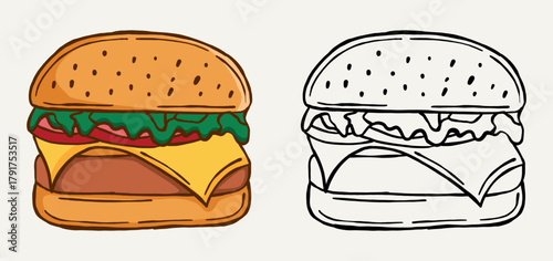 Colorful and outline hand drawn hamburger illustration showing a delicious fast food meal. Perfect for menu design, restaurant branding, poster