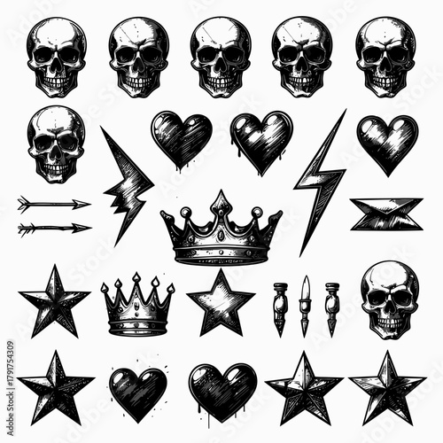 Tattoo Elements Collection Skulls Hearts Stars Crowns Lightning.