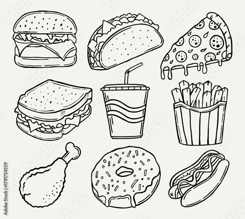 A set of simple line art illustration of fast food hand drawn burger, pizza, donut, taco, sandwich, soda, french fries, chicken, and hotdog. Perfect for menu, poster, and more