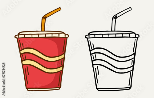 Hand drawn soda drink cup with straw illustration in line art and colorful style. Refreshing and tasty beverage design for poster, menu, and print