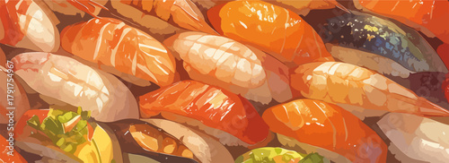 Zbliżenie na różnorodne sushi, w tym nigiri z łososiem, krewetkami i makrelą, prezentujące kolory i tekstury.