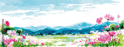Wiosenny krajobraz z kwitnącymi kwiatami i błękitnymi górami w tle, malowany w stylu akwareli.