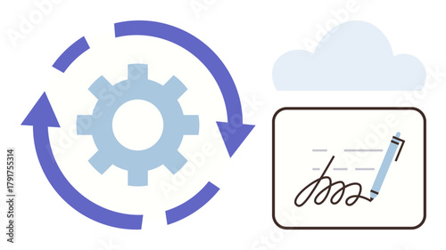 Gear with circular arrows for automation, pen signing document, and cloud icon for storage. Ideal for automation, digital workflow, cloud computing, e-signature, technology, business productivity