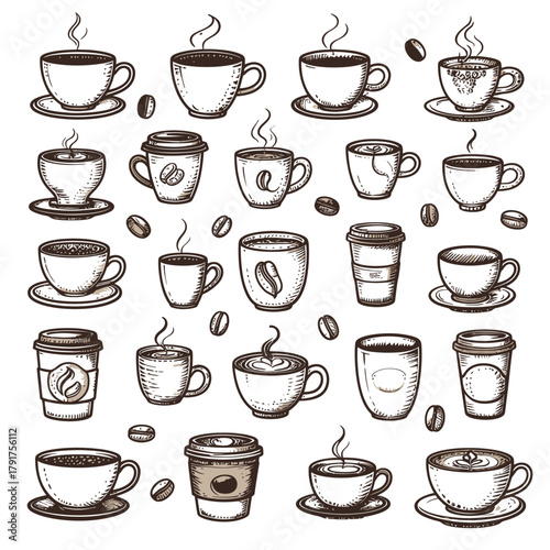 Coffee Cup Collection HandDrawn Sketch Style Variety.