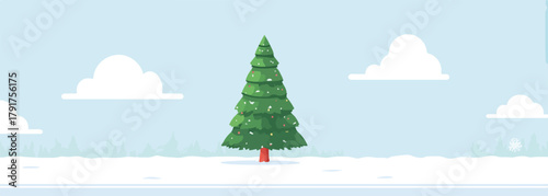 Ilustracja wektorowa zielonej choinki na śniegu z chmurami na niebieskim tle, styl płaski