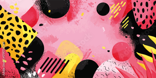 Abstrakcyjny wzór wektorowy z kształtami geometrycznymi i plamami farby w kolorach różowym, żółtym i czarnym.