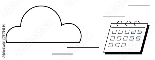 Cloud adjacent to a calendar with marked dates, conveying connection between cloud technology, planning, and efficiency. Ideal for technology, organization, productivity, workflow, digital