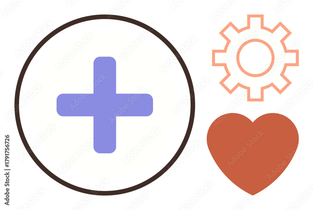 Obraz premium Blue cross in a circle, orange gear, and heart symbolizing health, functionality, and care. Ideal for healthcare, medical systems, wellness teamwork innovations self-care and service. Simple flat