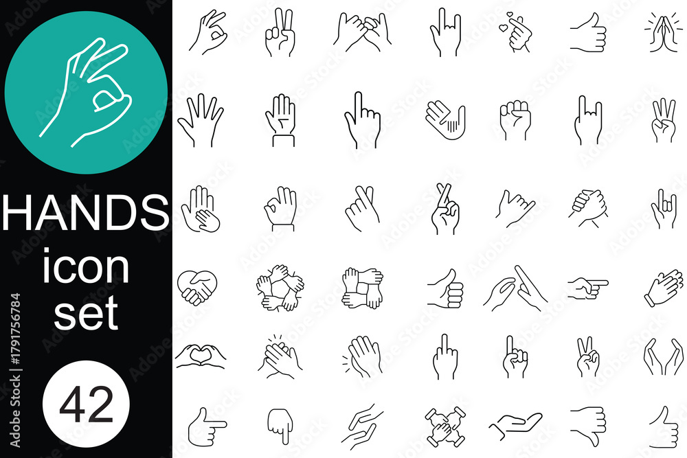 Fototapeta premium Hand Variations Line Editable Icons set. Set of Editable Line Hand Variations icons. One finger - Pointing. indicates, handshake, like hands icons. Vector illustration. 