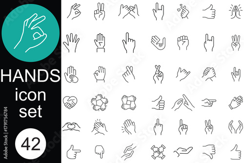Hand gestures icon set. Set of Editable Line Hand Variations icons. Palm indicates, handshake, middle finger, like, unlike, heart and more icons. Vector illustration. 