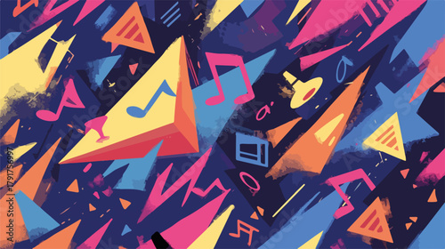Wektorowa abstrakcyjna kompozycja z nutami muzycznymi i geometrycznymi kształtami w żywych kolorach